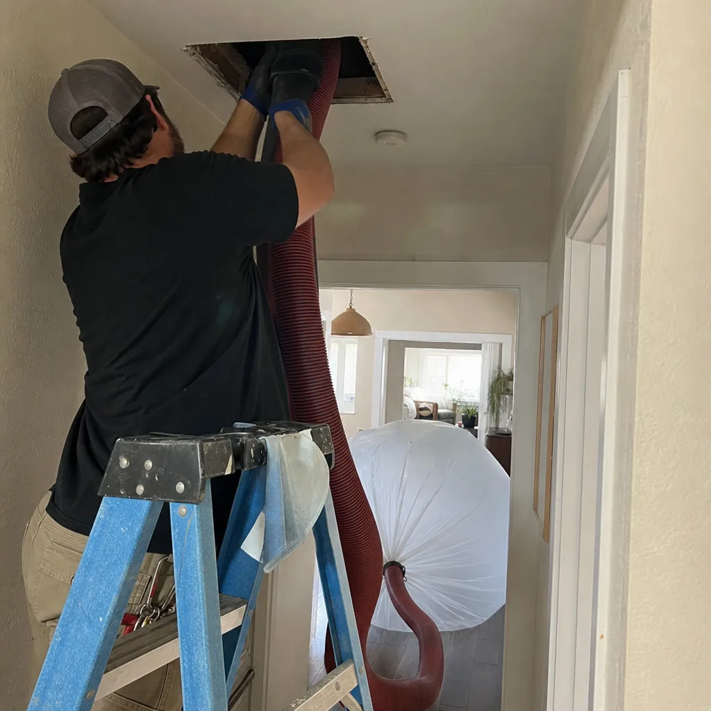 Technician using industrial vacuum hose for professional air duct cleaning service