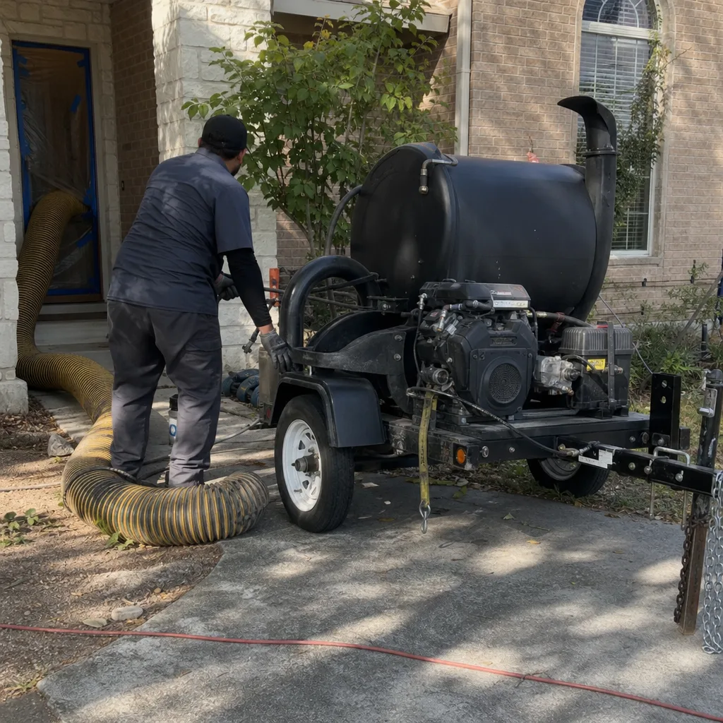 Technician performing professional residential air duct cleaning with vacuum equipment