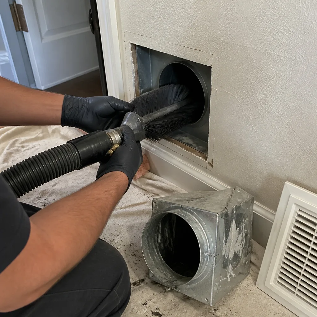 Technician using a rotary brush tool for professional air duct cleaning services