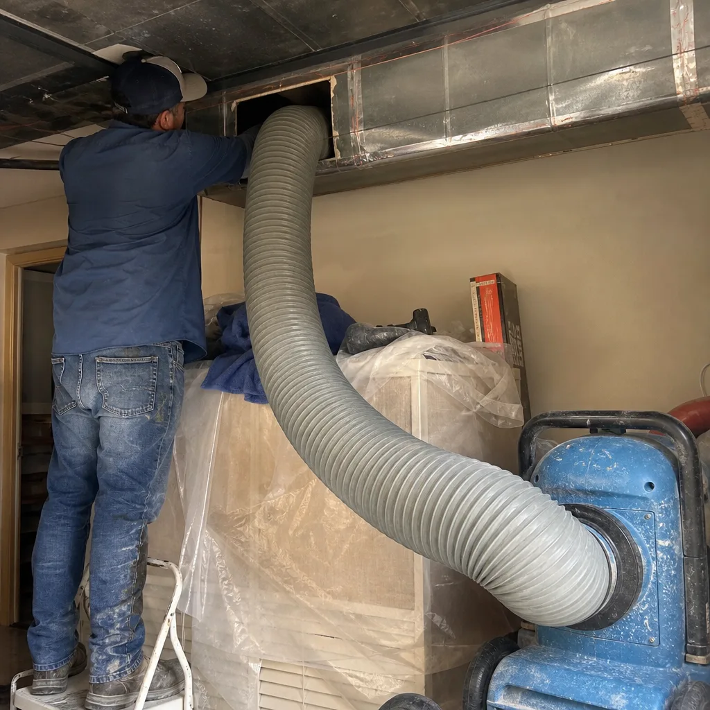 Technician performing professional air duct repair and cleaning using vacuum equipment