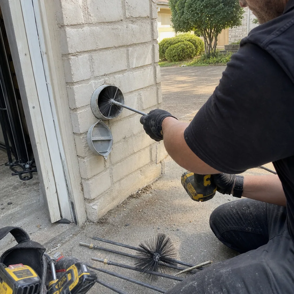 Technician performing professional dryer vent cleaning with a rotary brush tool